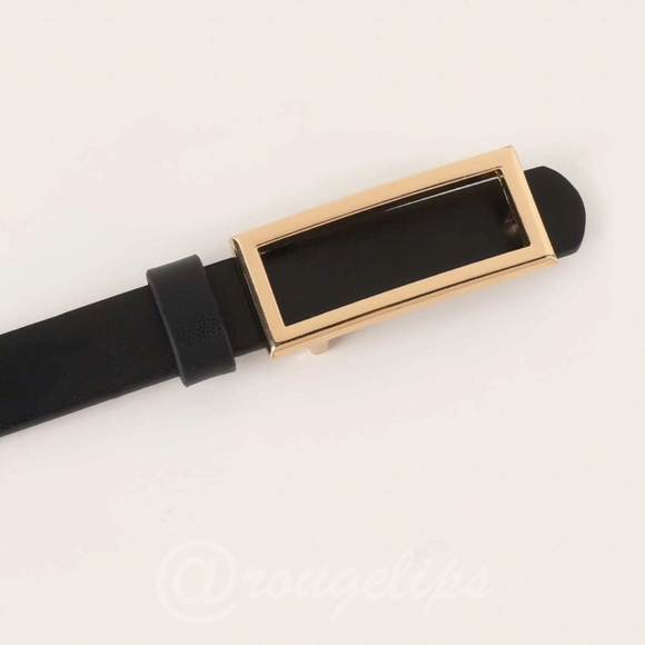 Black Skinny PU Leather Belt Gold Tone Rectangular Buckle - Picture 3 of 4